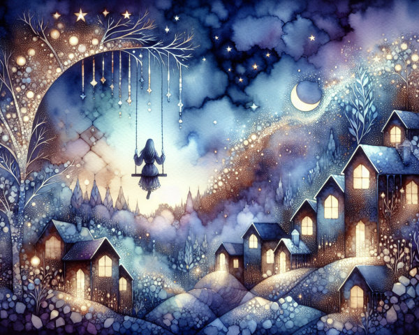 Whimsical Dreamlike Landscape Under Starry Night Sky