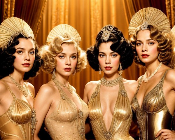 Glamorous Women in Elegant Gold Costumes and Accessories