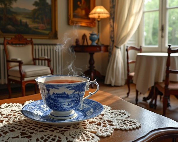 Delicate teacup on intricately designed saucer in elegant room