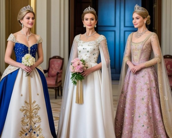 Elegant Women in Luxurious Gowns and Tiaras