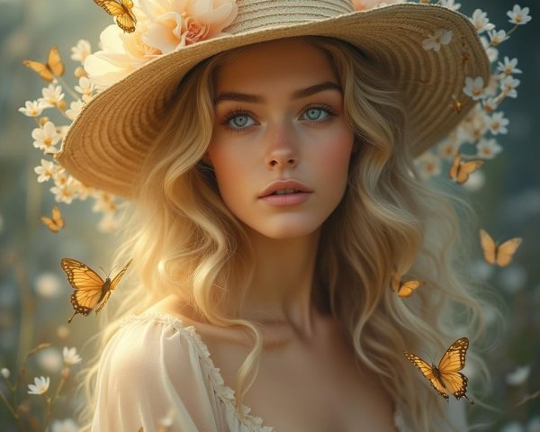 Serene Young Woman in Straw Hat Surrounded by Nature