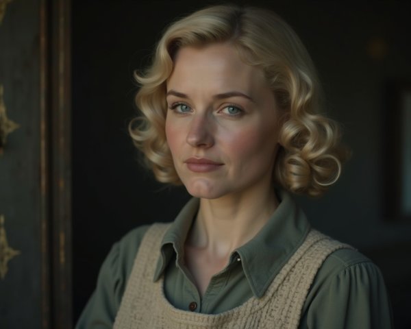 Vintage-inspired woman with curly blonde hair and vest