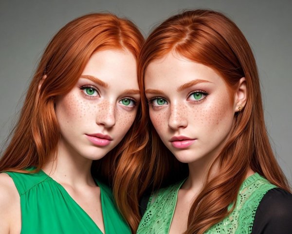 Young Women with Red Hair and Green Eyes in Green Attire