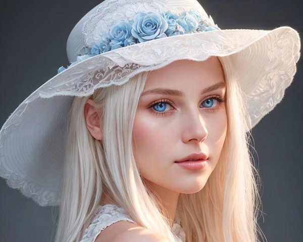 Young woman with blonde hair and elegant hat details