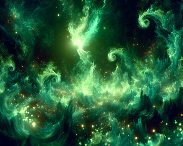 Vibrant Cosmic Scene with Swirling Green Tendrils