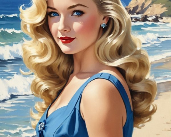 Glamorous Woman in Blue Dress at Beach Scene