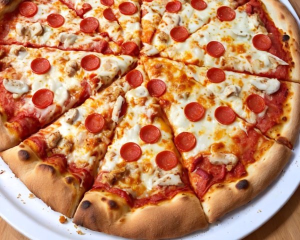 Large pizza with golden crust and pepperoni toppings