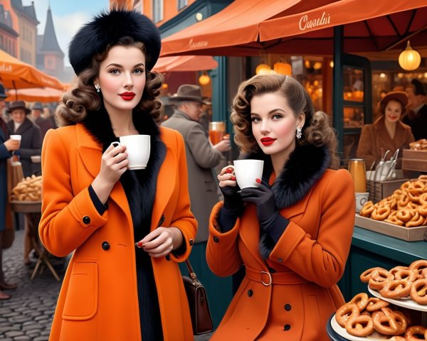 Elegant Women in Vibrant Coats at a Bustling Market