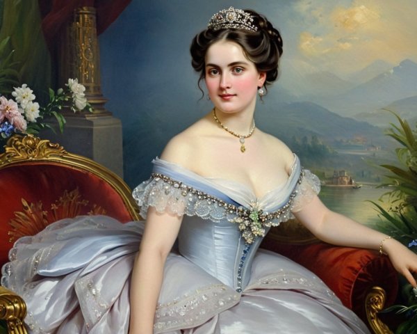 Elegant Woman in Off-Shoulder Gown with Scenic Background