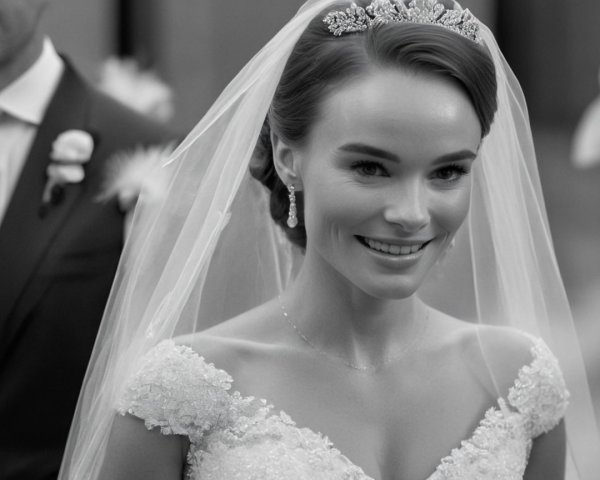 Smiling Bride in Detailed Wedding Gown and Veil