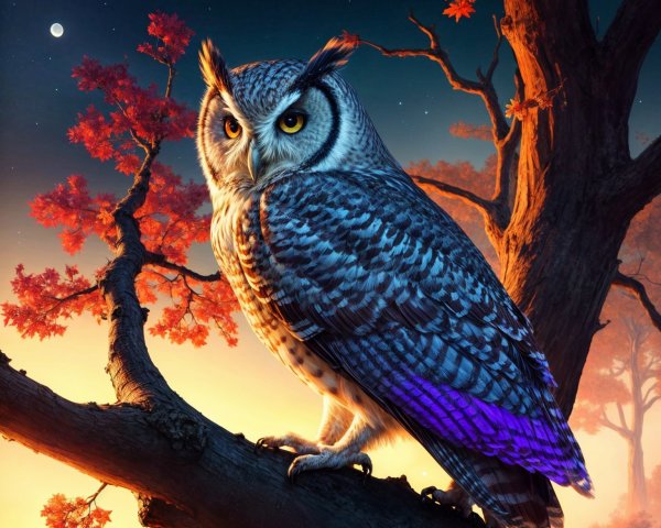 Majestic owl on gnarled branch at twilight sky