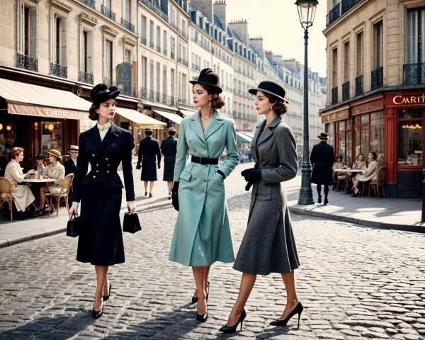 Elegant Women in Parisian Fashion on Cobblestone Street
