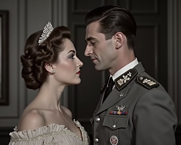 Elegant Couple in Vintage Gown and Military Uniform