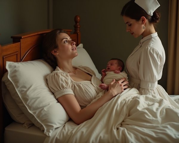 Mother Cradling Newborn in Softly Lit Bedroom