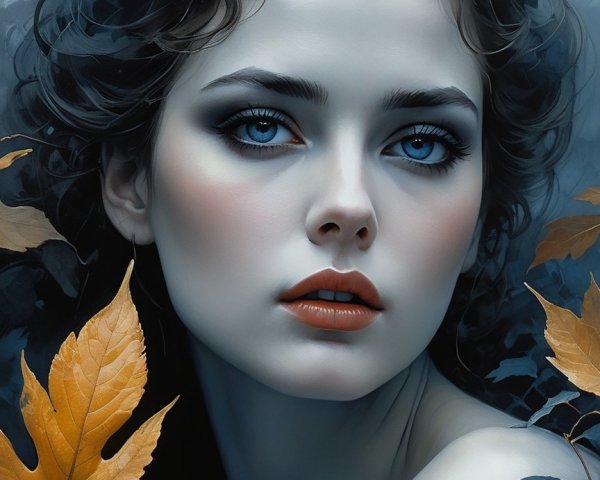 Close-up portrait of a young woman in foliage