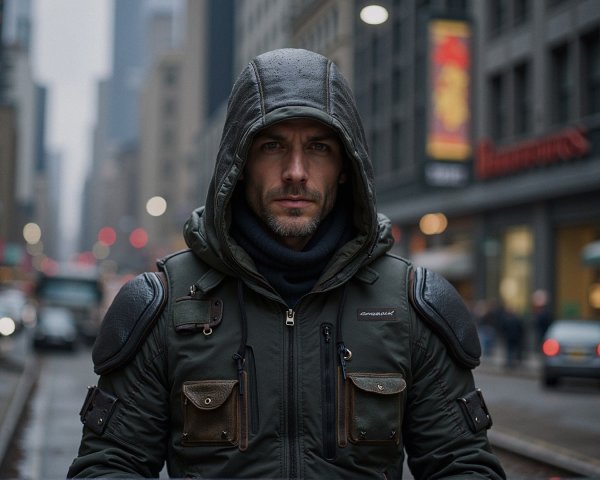 Brooding Figure in Urban Setting with City Lights