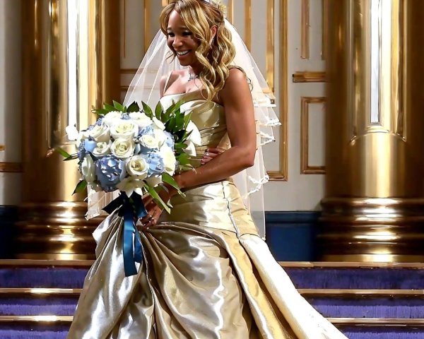 Joyful bride in elegant gown at opulent venue