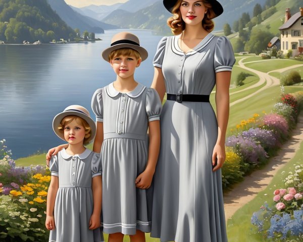 Serene Landscape with Family by a Picturesque Lake