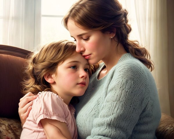 Mother and daughter share a warm embrace in soft light