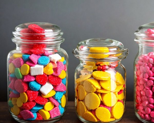 Colorful Candies in Glass Jars on Wooden Surface