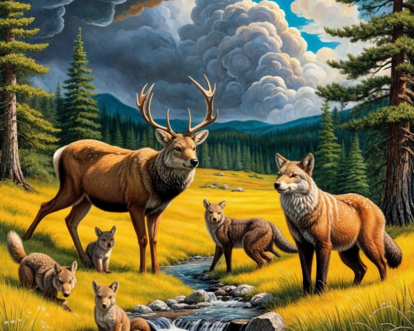 Majestic stag and playful foxes by a serene stream