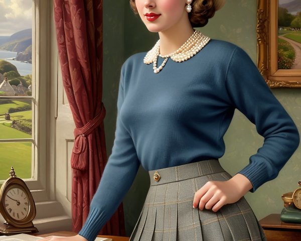 Young Woman in Vintage Attire with Scenic Background