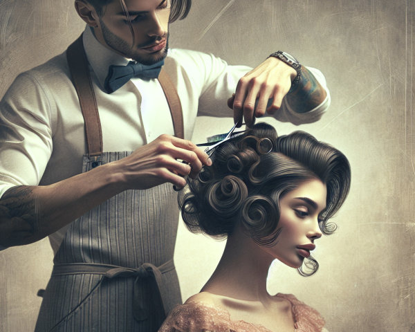 Vintage Salon Scene with Skilled Stylist and Model
