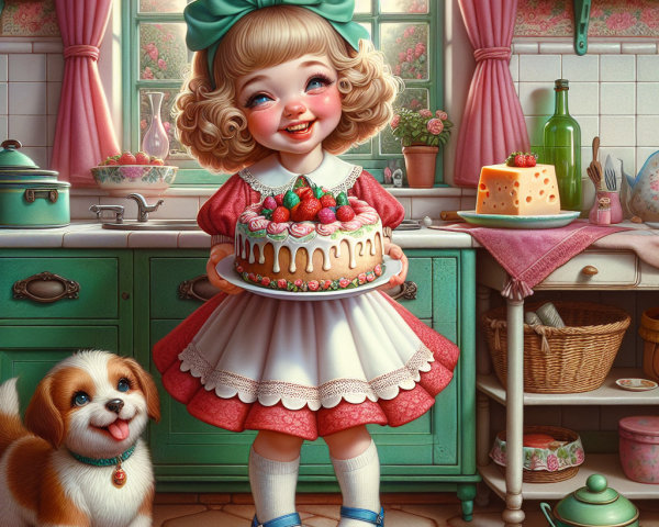 Vintage Kitchen Scene with Girl and Cake Decor