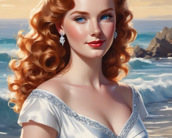 Young woman in elegant gown by picturesque beach