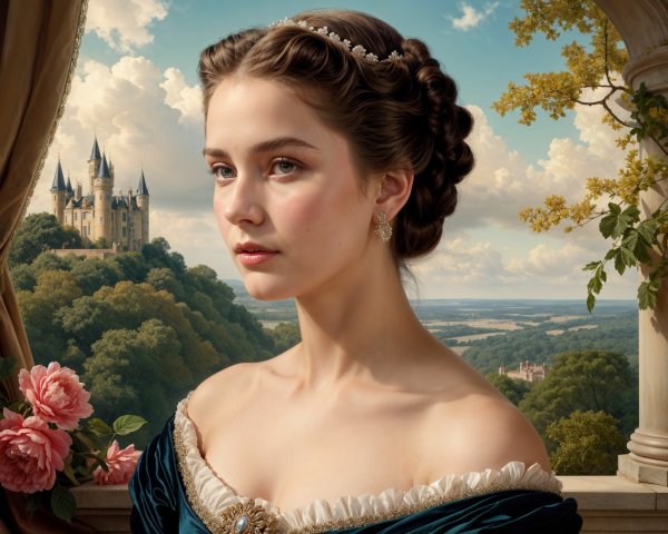 Young Woman in Elegant Historical Gown with Castle Background