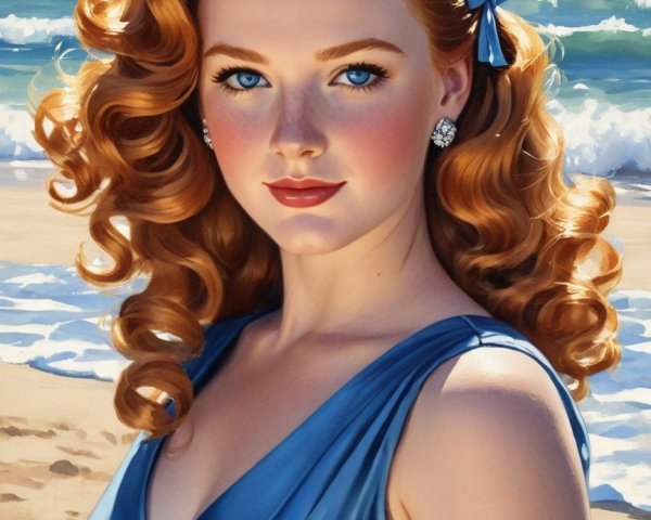 Young woman with red hair in blue dress by beach