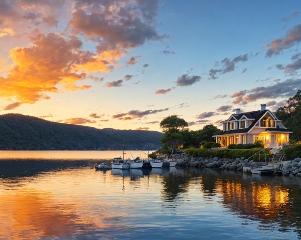 Serene Sunset Over Calm Lake with Charming House