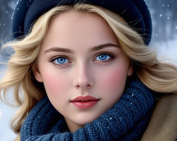 Young woman with blue eyes in a snowy winter scene
