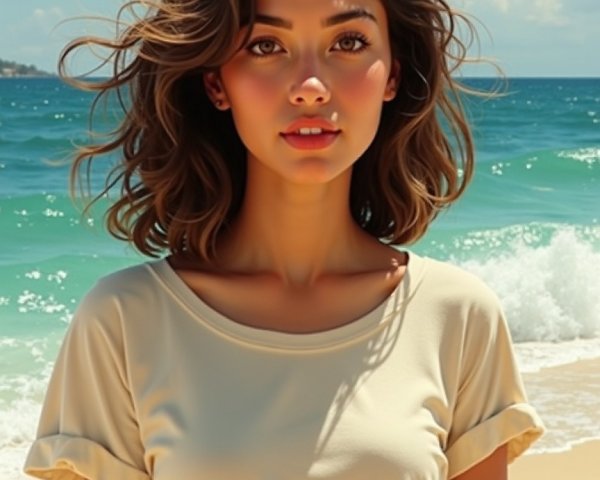Young woman on sunny beach with serene expression