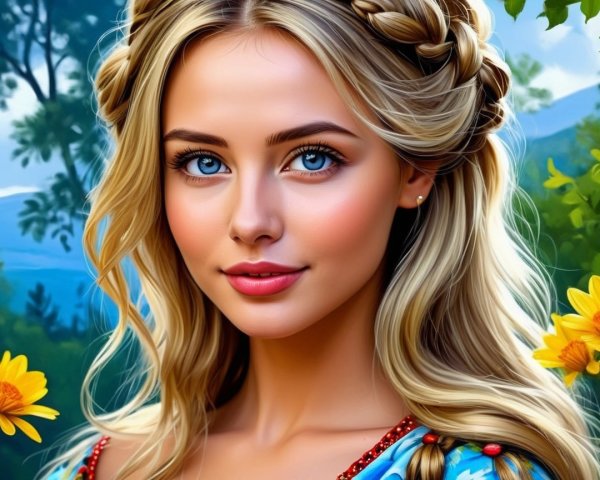 Young woman with blonde hair in a serene garden setting