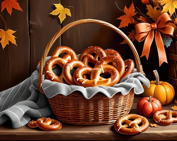 Woven Basket of Pretzels with Autumn Decorations