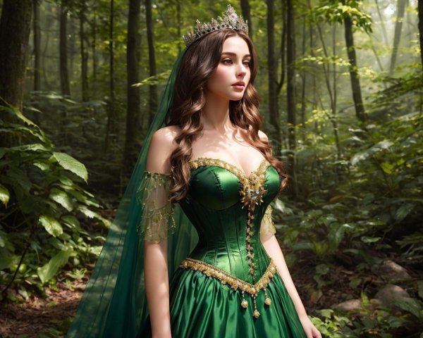 Elegant woman in emerald gown in a lush forest
