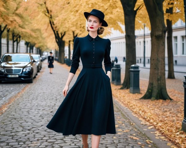 Stylish Woman on Autumn Cobblestone Street Scene