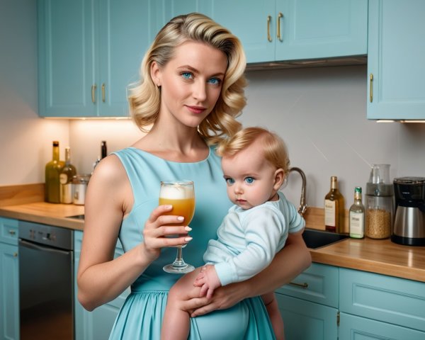 Stylish Woman in Blue Dress with Child in Modern Kitchen