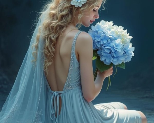 Elegant figure in light blue gown with hydrangeas