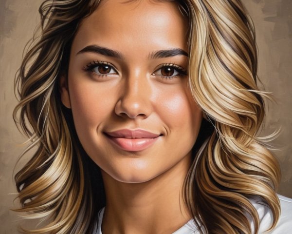 Young woman with flowing hair and warm smile