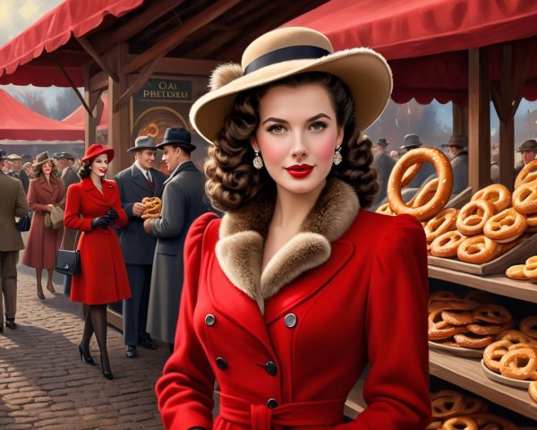 Vibrant Past Market Scene with Stylish Woman in Red Coat
