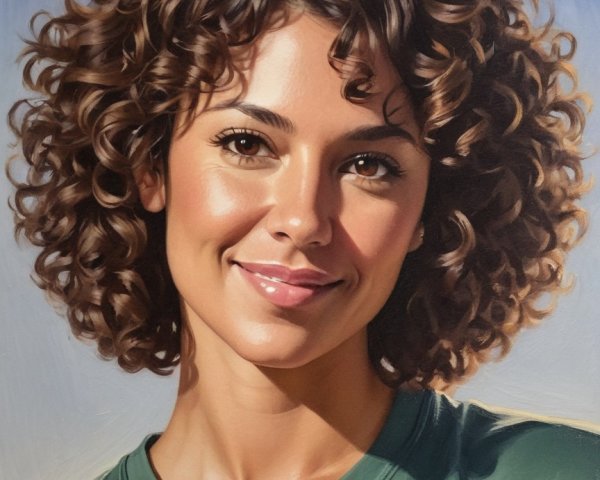 Portrait of a woman with curly brown hair and smile