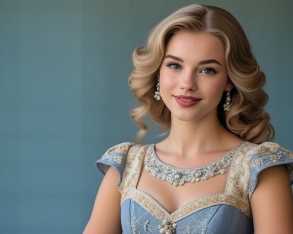 Young woman in vintage gown against soft blue background