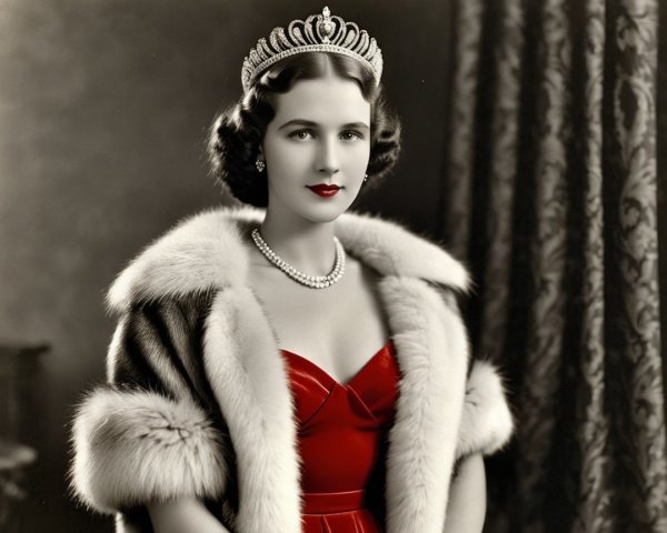 Elegant Woman in Red Gown with Vintage Backdrop