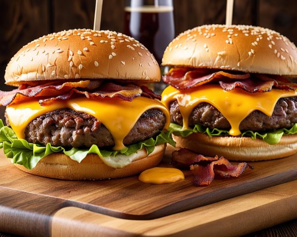 Burgers with Cheddar, Bacon, and Lettuce on Wooden Board