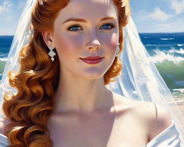 Bride in Elegant Gown by Ocean with Red Hair and Tiara