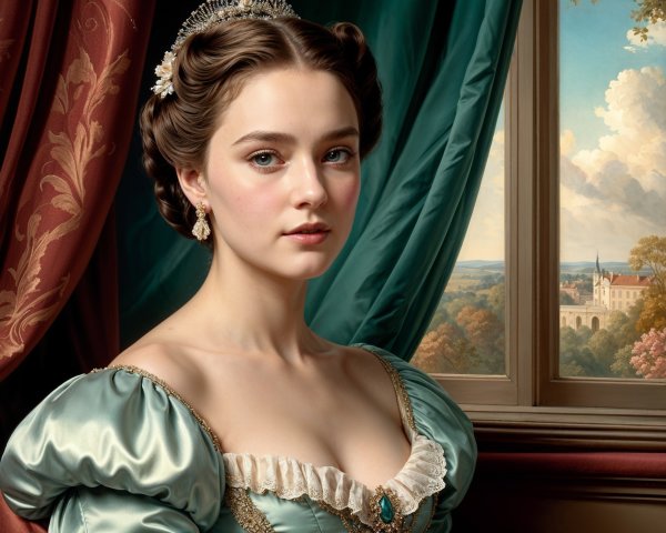 Young Woman in Teal Gown in Ornate Room Setting