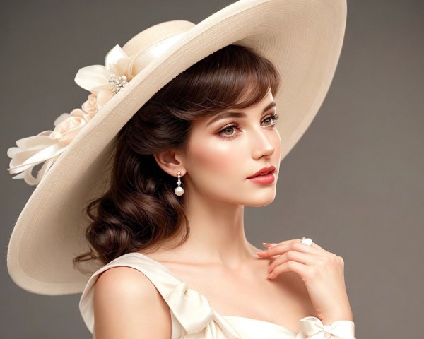 Elegant Woman in Straw Hat and Stylish Dress