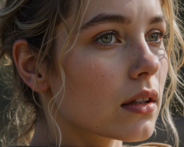 Close-Up of a Young Woman with Green Eyes and Freckles